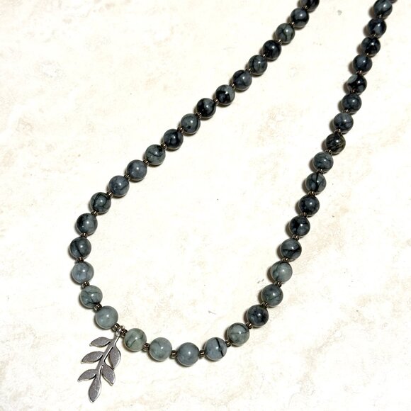 Dark Grey Marble Short Necklace, Genuine Gemstone & Silver Leaf Branch Pendant - Picture 7 of 13